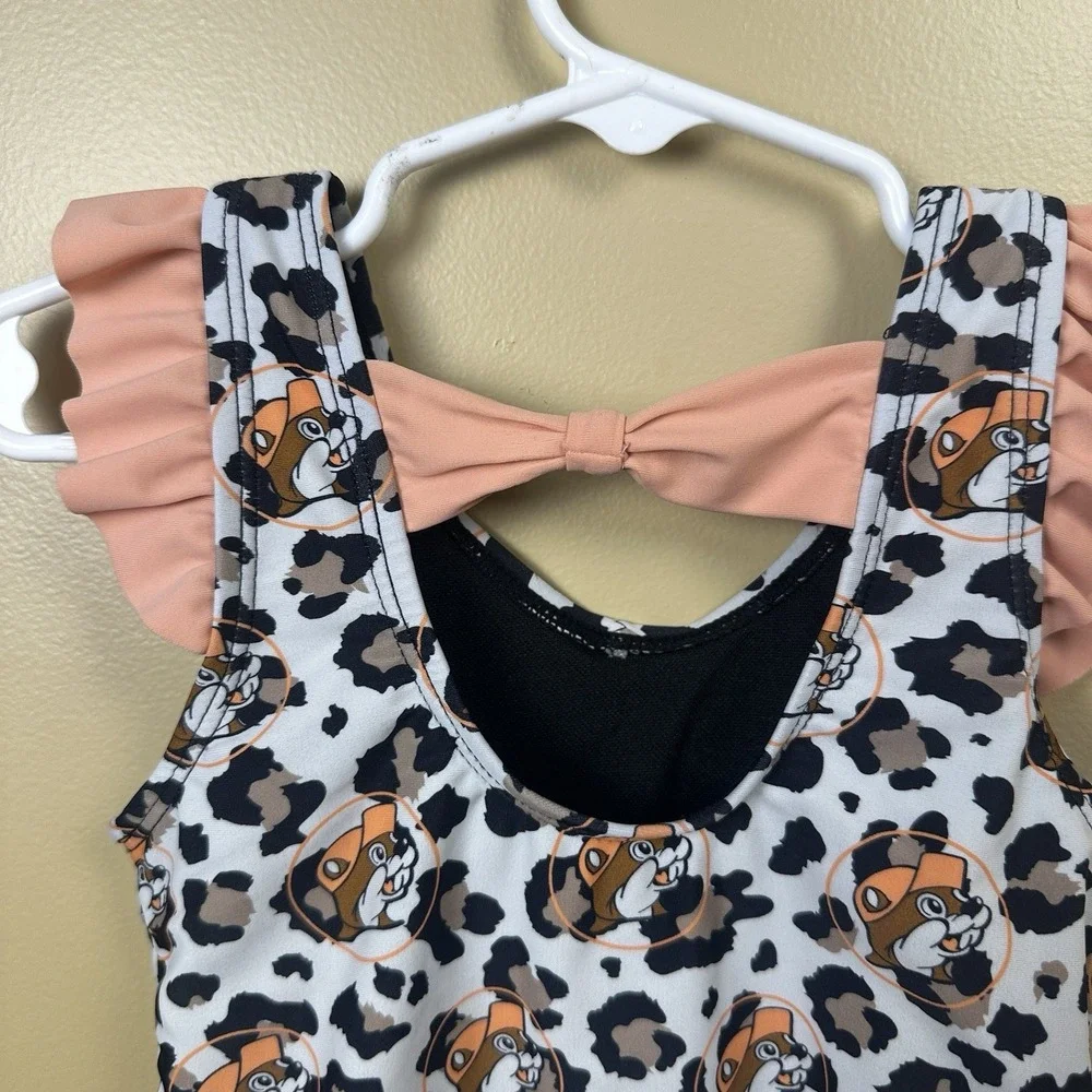 Buc-ee's 2T Baby Girl Leopard Print Beaver Logo Swimsuit‎ Ruffles & Bow